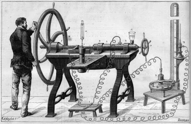 Physics: the gas-leaking apparatus invented by Louis Paul Cailletet. Engraving in “La Nature”