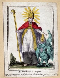 Pious image depicting Saint Didier Bishop (with dragon) - France 19th century