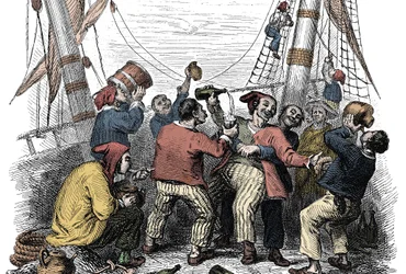 Pirates celebrating the capture of a rich loot after the attack of an enemy ship. Engraving of the 19th century