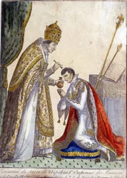 Pius VII (Pius or Pio) (1742-1823) anointed Napoleon I during the coronation of the French emperor on 2 December 1804 at Notre-Dame de Paris - 19th-century engraving