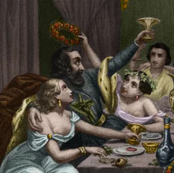 Pope Alexander VI (1431-1503) (Alessandro, Rodrigo Borgia) Rodrigue Borgia celebrates the marriage of his daughter Lucrece Borgia (Lucrezia) with 50 courtesans in the Vatican. Engraving from 1842 in Histoire des popes: crimes, murders, poisonings, parricid