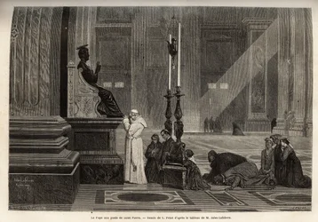 Pope Pius IX (1792-1878) collected at the foot of the statue of St. Peter, at the entrance of the Basilica, in the Vatican. Engraving to illustrate the Rome story, by Francis Wey, in 1864-1868, published in le tour du monde, edited by Edouard Charton