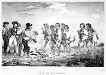 Port of King George, New Holland: A native shows his companions the gifts he received on the edge of the Australabe