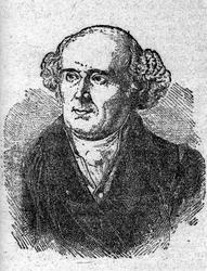 Portrait of Christian Hahnemann (1755 - 1843), founder physician of homeopathy. Engraving of the 19th century