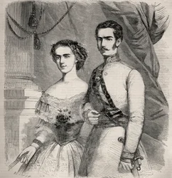 Portrait of Emperor Francis Joseph I of Austria and his wife Elisabeth of Wittelsbach. Engraving in 