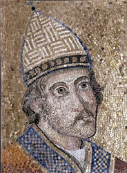 Portrait of Gregoire IX (1145 - 1241). He fought against Frederic II and organized the Inquisition. 13th century mosaic from the old apse of St. Peter. Museum of Rome