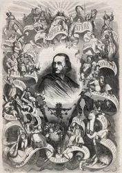 Portrait of Jacques Offenbach, French Composer and Director of the Theatre des Bouffes Parisiens, Encircled by Characters of His Works (Engraving in Le Monde Illustré)