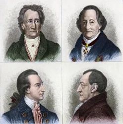 Portrait of Johann Wolfgang Goethe (1749 - 1832), German writer, at different ages in his life. Engraving of the 19th century.