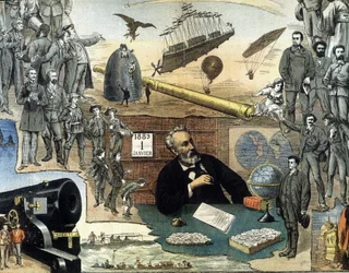 Portrait of Jules Verne and scenes of his works - advertising poster for his complete works