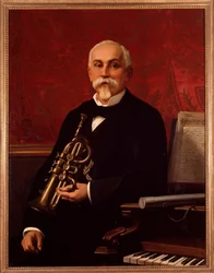 Portrait of Lodovico Bortolotti (19th century) Italian musician. He holds a trumpet. Anonymous painting. 19th century. Bologna, Civico Museo Bibliografico