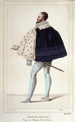 Portrait of Louis de Gonzague, Duke of Mantua, now by his marriage in 1565 with Henriette de Cleves, the new Duke of Nevers. Engraving from 1830