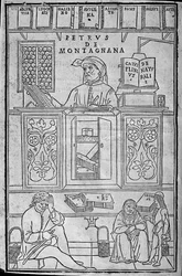 Portrait of Pietro da Montagnana, a Paduan medical teacher surrounded by Greek and Arabic medical books, and three patients waiting to have their urine examined
