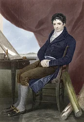 Portrait of Robert Fulton (1765 - 1815), American shipbuilding mechanic (Nautilus). Engraving of the 19th century
