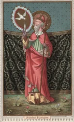 Portrait of Saint Remi (437-533) Visited by the Dove of the Holy Spirit. Chromolithography of the Late 19th Century