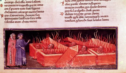Portrait of Dante Alighieri among Virgil heretics (song X of Hell, in the Divine Comedy)