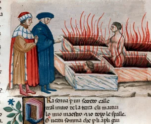 Portrait of Italian poet Dante Alighieri with Virgil among heretics as Farinata degli Uberti (song 10 from Hell, in the Divine Comedy) - Miniature 15th century