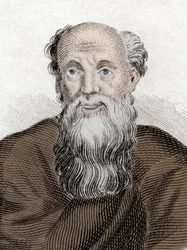Portrait of the Greek philosopher Democritus (460-370 BC), Democritus of Abdera. Engraving of the 19th century.