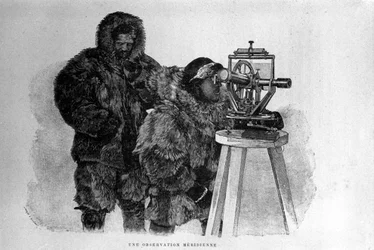 Portrait of the Norwegian explorer Fridtjof Nansen, scientist and diplomat, with one of his collaborators in the use of theodolite