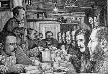 Portrait of the Norwegian explorer Fridtjof Nansen (1861-1930), scientist and diplomat, announcing his plan to approach the North pole to the crew of the ship Fram around 1897. Engraving