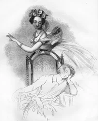 Portrait published at the death of Marie Taglioni (1804-1884), French romantic ballerina represented here in the role of the fairy Sylphide in „Zephire et Flore“ by Charles Louis Didelot. Engraving in „Le Monde Illustré“
