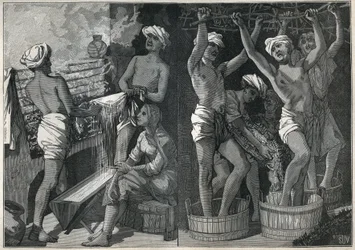 Preparation of lacquer in India. Engraving from 1885 in 