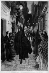 Procession of the Confraternity of Saint Laurent (St. Lawrence) in Seville (Spain) on Good Friday. Engraving in Le Monde Illustre 1883. Private Collection