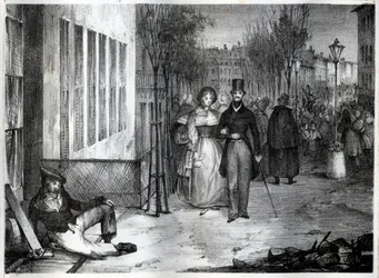 Promenade on the boulevards in Paris in the 19th century - Engraving