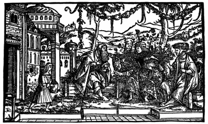 Raphaël Hythlodée, a traveller who spent five years in Utopia, tells Thomas More and Pierre Gilles about his journey. Xylography published in the edition of “Utopia” by Thomas More (1478 - 1535) of 1516.