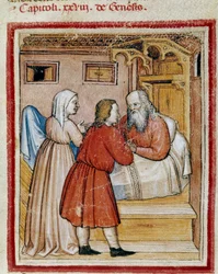 Rebecca brings her son Jacob, whom her brother Esau threatens to kill, in front of her husband Isaac to take away his blessing