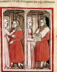 Rebecca gives her son Jacob a plate of kid meat to take to his blind father Isaac and receive his blessing instead of Esau (Detail)