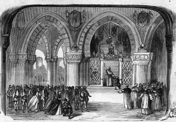 Representation of Don Carlo Opera in 5 acts by Giuseppe Verdi at the Paris Opera on 11 March 1867. Scene of the 5th act: Monastery of St. Juste, apparition of Charles V. Engraving from 1867