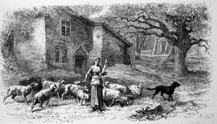 Representation of Joan of Arc when she was still a young shepherdess in Domremy. Engraving. 19th century