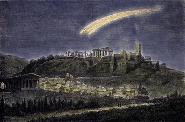 Representation of a comet above the town of Athens in 1878