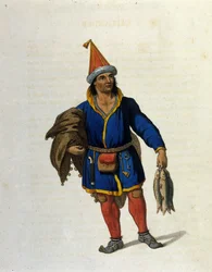 Representation of an indigenous Sami (living in the territories of Norway, Sweden, Russia, Finland) returning from fishing. Engraving of the 19th century