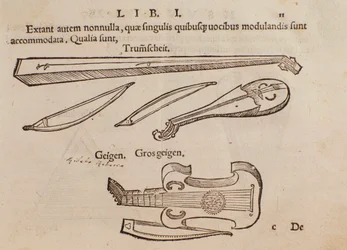 Representation of string instruments and archer. Page taken from Musurgia practical manual of music