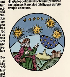 Representation of the Greek Philosopher Aristotle Indicating the Stars. Engraving from the Trek of Physics 