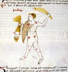 Representation of the constellation of Bouvier (Bootes). The hunter Bootes holds the hair of Berenices in his hand. Miniature from “Astronomica” by Biasino da Parma (Blaise de Parma) (1425-1457)