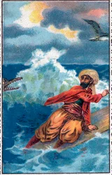 Rescue on a Board. The Wonderful Adventures of Sinbad the Sailor. Popular Tale of 1001 Nights. Chromolithography of the Late 19th Century