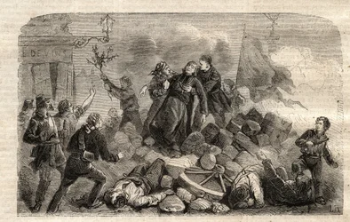Revolution 1848: The Archeveque Monsignor Denis Affre (1793-1848) on the Barricade Faubourg Saint Antoine in Paris 26/06/1848 (Do o mon dieu que mon sang soit le dernier verse) (Death Denis Affre Archbishop of Paris of the barricade at the entrance to t