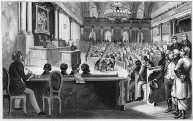 Revolution in Vienna 1848 - The meeting of the first Austrian Constituent Assembly, July 1848, at the Spanish Riding School in Vienna, Austria