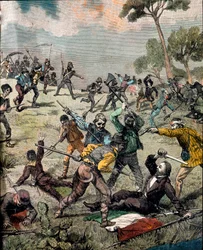 The Italian revolutionary Carlo Pisacane is stormed by peasants in Sapri on June 28, 1857
