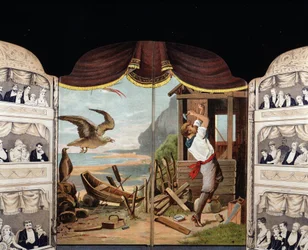Robinson Crusoe building his cabin, circa 1890