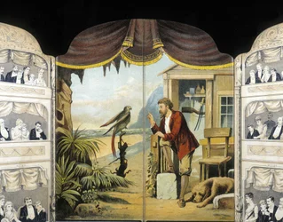 Robinson Crusoe with his parrot, circa 1890