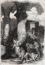 Rodomont massacres the inhabitants of Paris - engraving of 1851 from Roland furieux (Orlando furioso) (16th century) by Ludovico Ariosto, known as the Ariosta - Edition translated from Italian by the Count of Tressan and published by Gustave Harvard 1851