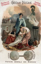 Roman domination in Greece: sack of Corinth by Lucius Mummius in 146 BC in the region of Achaia. in General History of Coins. Chocolate-foil chromolithography of the end of the 19th century. Private collection.