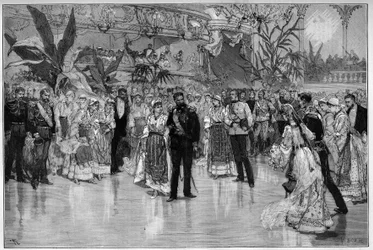 Romania: Ball given in honor of Crown Prince Rudolf (1858-1889) and Princess Stéphanie of Austria-Hungary (1864-1945) at the National Theatre in Bucharest. Engraving in “Le Monde Illustré”