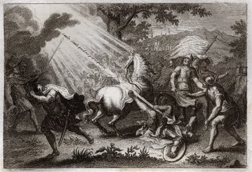 Royaumont Bible, New Testament: Conversion of St. Paul on the way to Damascus. He hears the voice of Jesus Christ who says to him 