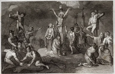 Royaumont Bible, New Testament: Crucifixion of Jesus Christ. The Virgin Mary, Saint Mary Magdalene and Saint John at the Foot of the Cross, Saint Longin the Centurion (Saint Longinus) with His Spear, Soldiers Playing the Tunic of Christ