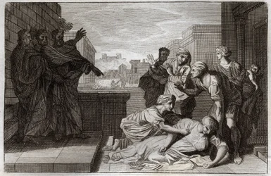Royaumont Bible, New Testament: Death of Anania and his wife Saphire before St. Peter and St. John. Illustration from 1811