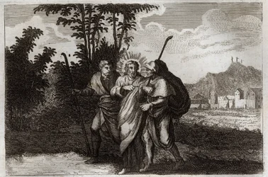 Royaumont Bible, New Testament: Disciples of Emmaus. The two disciples of Emmaus meet the risen Christ. Illustration from 1811.